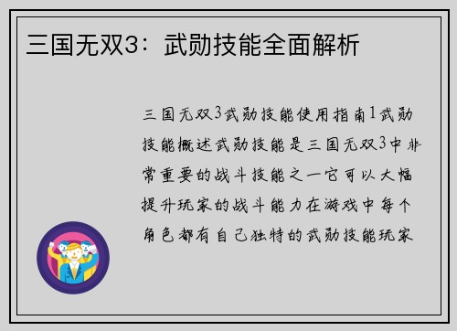 三国无双3：武勋技能全面解析